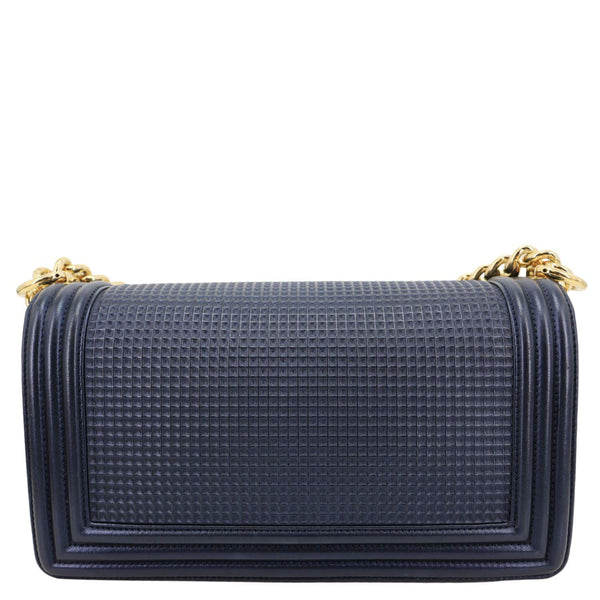 CHANEL Boy Flap Medium Cube Embossed Leather Shoulder Bag Navy Blue