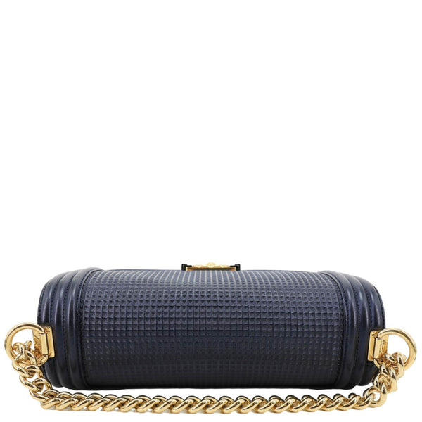 CHANEL Boy Flap Medium Cube Embossed Leather Shoulder Bag Navy Blue