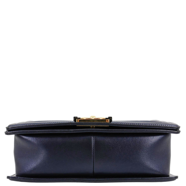 CHANEL Boy Flap Medium Cube Embossed Leather Shoulder Bag Navy Blue