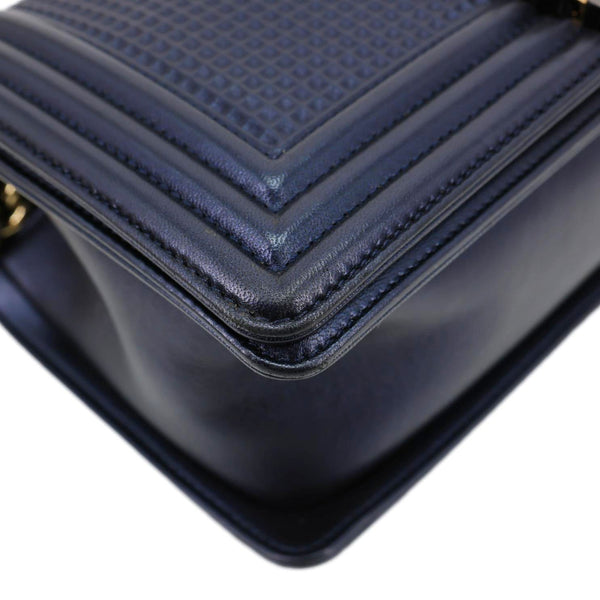 CHANEL Boy Flap Medium Cube Embossed Leather Shoulder Bag Navy Blue