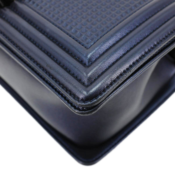 CHANEL Boy Flap Medium Cube Embossed Leather Shoulder Bag Navy Blue