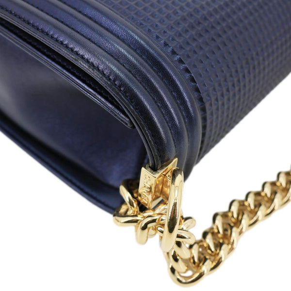 CHANEL Boy Flap Medium Cube Embossed Leather Shoulder Bag Navy Blue