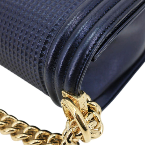 CHANEL Boy Flap Medium Cube Embossed Leather Shoulder Bag Navy Blue