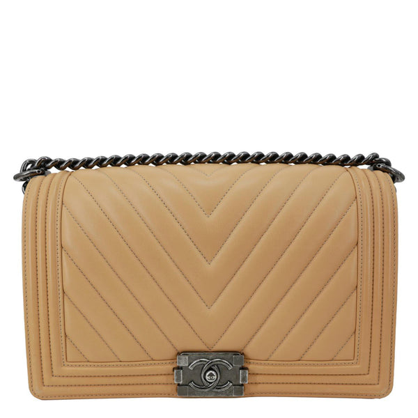 CHANEL Boy Flap Medium Chevron Calfskin Leather Chain Shoulder Bag Beige
