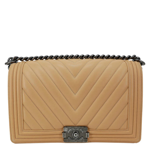 CHANEL Boy Flap Medium Chevron Calfskin Leather Chain Shoulder Bag Beige