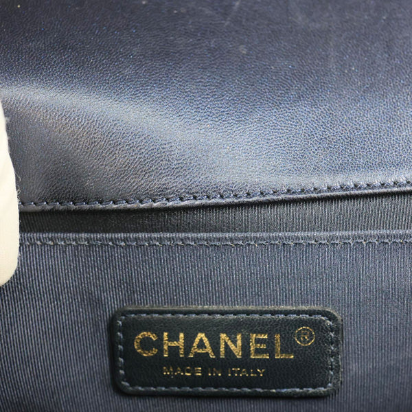 CHANEL Boy Flap Medium Cube Embossed Leather Shoulder Bag Navy Blue