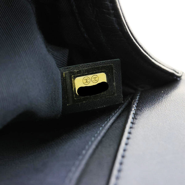 CHANEL Boy Flap Medium Cube Embossed Leather Shoulder Bag Navy Blue