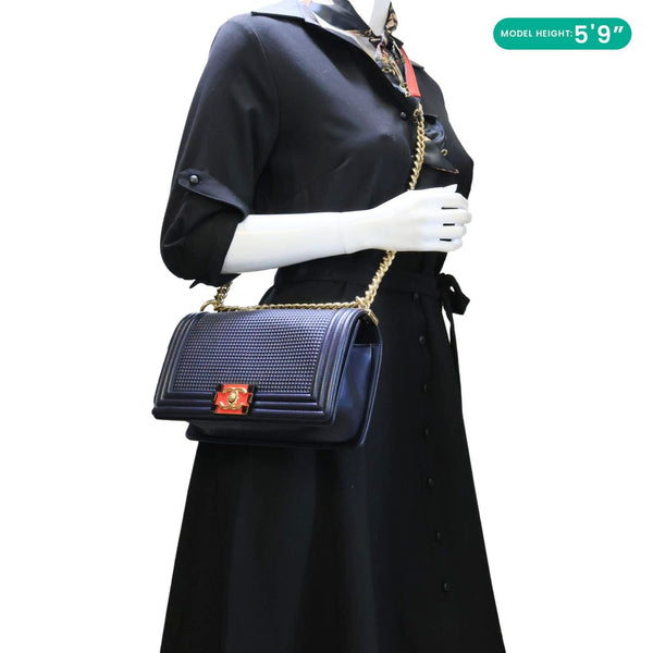 CHANEL Boy Flap Medium Cube Embossed Leather Shoulder Bag Navy Blue