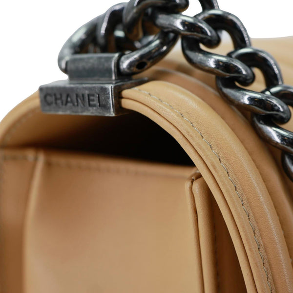 CHANEL Boy Flap Medium Chevron Calfskin Leather Chain Shoulder Bag Beige