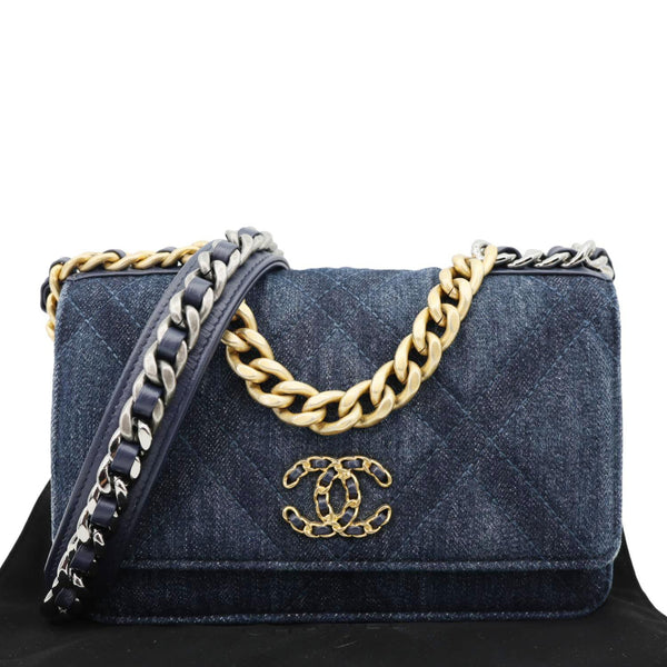 CHANEL 19 Flap Denim Wallet On Chain Shoulder Bag Blue
