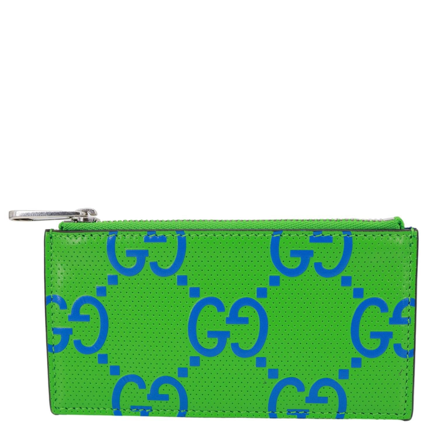 GUCCI GG Embossed Leather Zip Card Case Green 725550