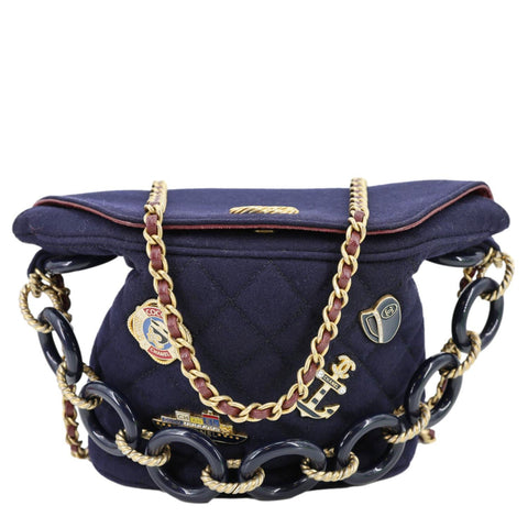 CHANEL Paris Hamburg Charms Quilted Wool Bucket Bag Dark Navy