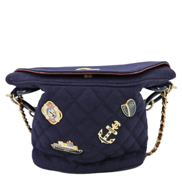 CHANEL Paris Hamburg Charms Quilted Wool Bucket Bag Dark Navy
