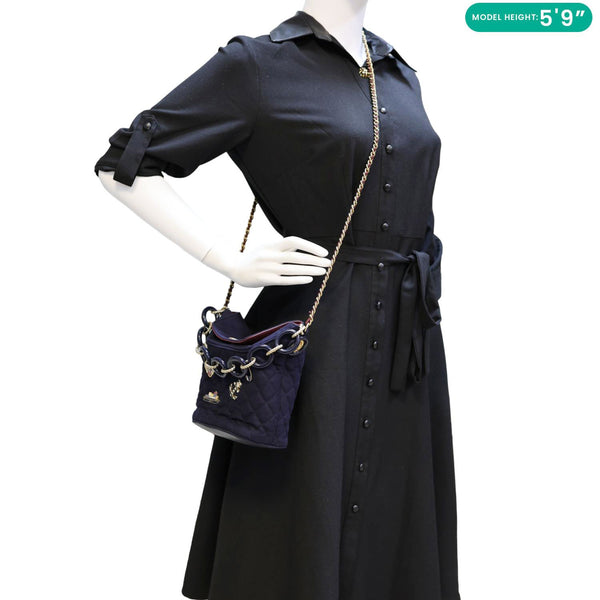 CHANEL Paris Hamburg Charms Quilted Wool Bucket Bag Dark Navy