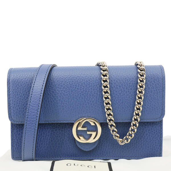 GUCCI Dollar Interlocking G Calfskin Leather Chain Wallet Crossbody Bag Blue 510314