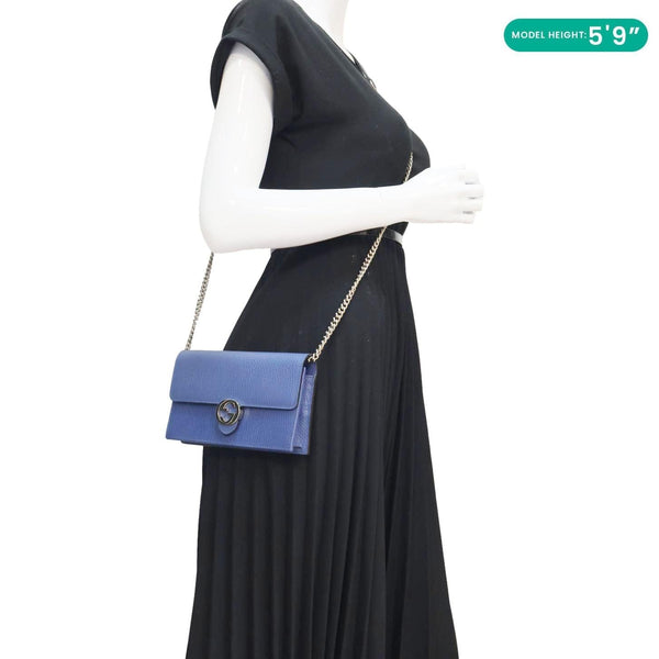 GUCCI Dollar Interlocking G Calfskin Leather Chain Wallet Crossbody Bag Blue 510314