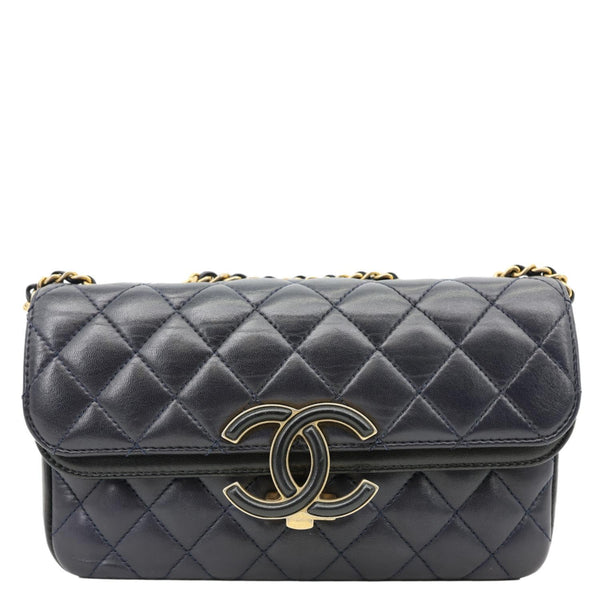 CHANEL CC Chic Double Flap Quilted Lambskin Leather Shoulder Bag Navy Blue