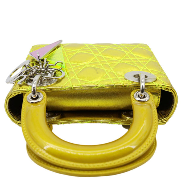 CHRISTIAN DIOR Lady Dior Mini Metallic Leather Shoulder Bag Neon Yellow