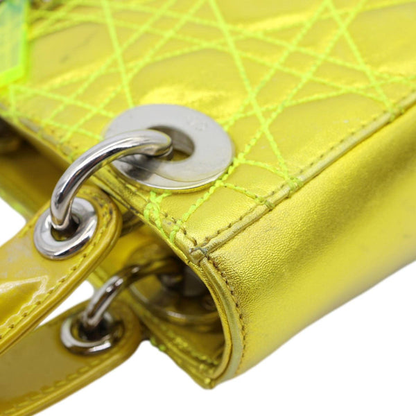 CHRISTIAN DIOR Lady Dior Mini Metallic Leather Shoulder Bag Neon Yellow