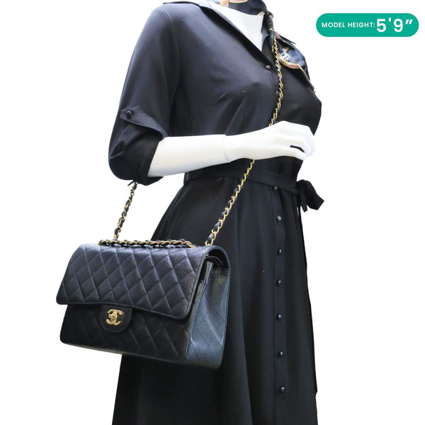 CHANEL Classic Double Flap Jumbo Quilted Caviar Leather Shoulder Bag Black