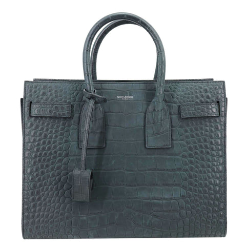 YVES SAINT LAURENT Sac de Jour Crocodile Embossed Leather Satchel Bag Green