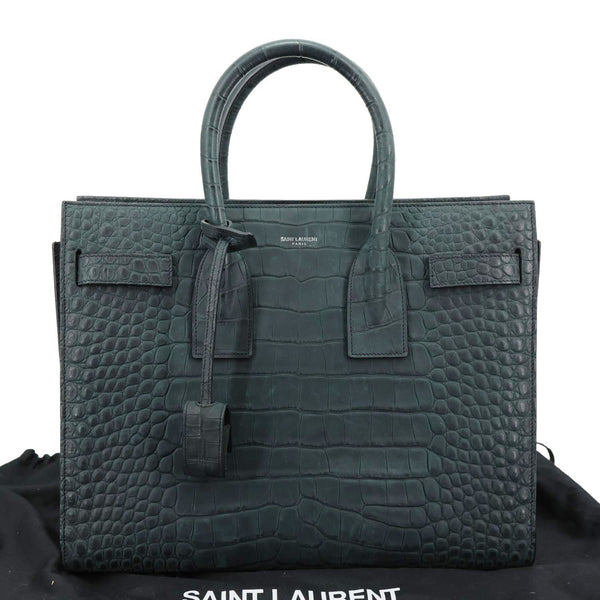 YVES SAINT LAURENT Sac de Jour Crocodile Embossed Leather Satchel Bag Green