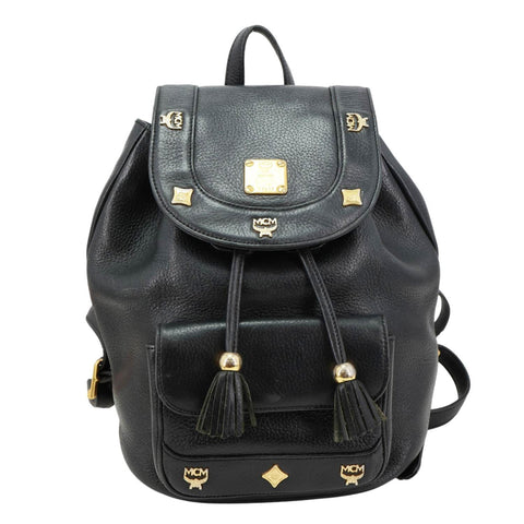 MCM Logo Vintage Leather Drawstring Backpack Black