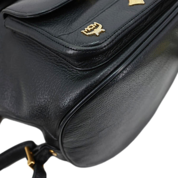 MCM Logo Vintage Leather Drawstring Backpack Black