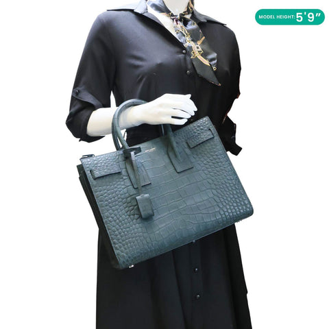 YVES SAINT LAURENT Sac de Jour Crocodile Embossed Leather Satchel Bag Green