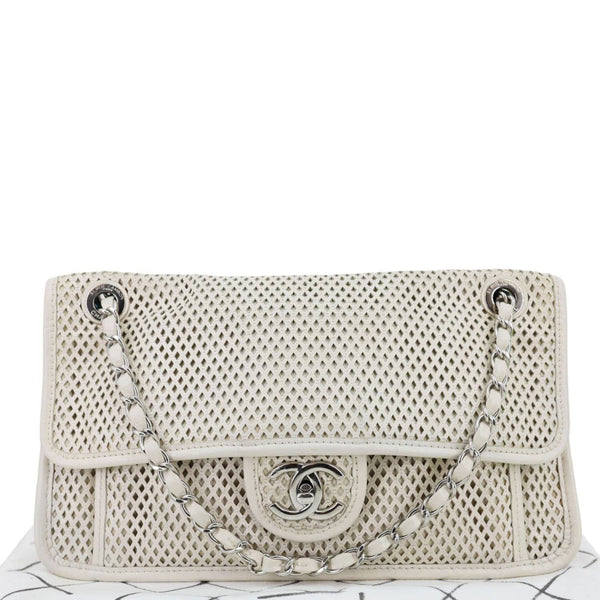 CHANEL Up In The Air Flap Perforated Calfskin Leather Shoulder Bag White