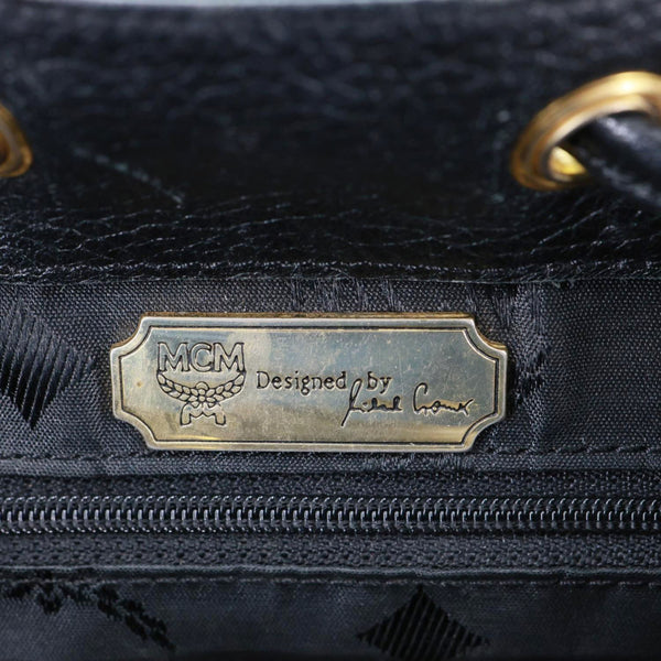 MCM Logo Vintage Leather Drawstring Backpack Black