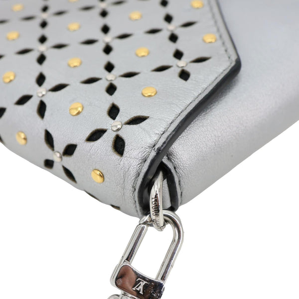 LOUIS VUITTON Love Note Studs Perforated Leather Chain Clutch Silver