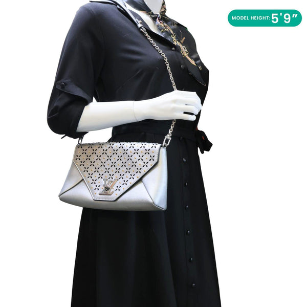 LOUIS VUITTON Love Note Studs Perforated Leather Chain Clutch Silver