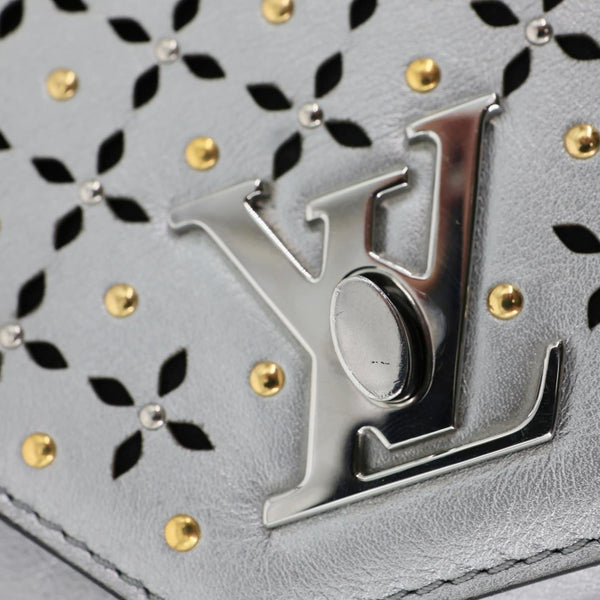 LOUIS VUITTON Love Note Studs Perforated Leather Chain Clutch Silver