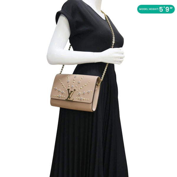 LOUIS VUITTON Chain Louise GM Studded Leather Shoulder Bag Beige