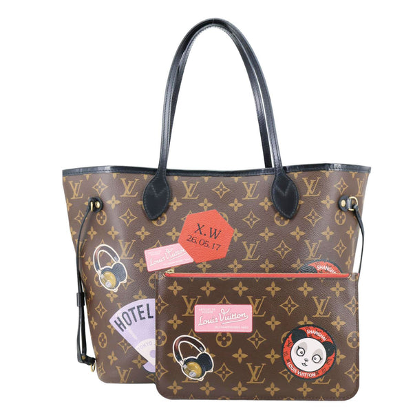 LOUIS VUITTON Neverfull MM World Tour Monogram Canvas Tote Shoulder Bag Brown