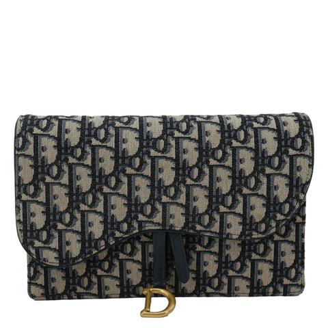 CHRISTIAN DIOR Saddle Oblique Jacquard Pouch Wallet On Chain Navy Blue