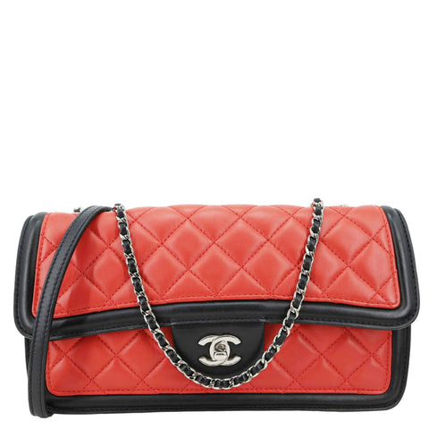 CHANEL Graphic Flap Quilted Lambskin Leather Shoulder Bag Red