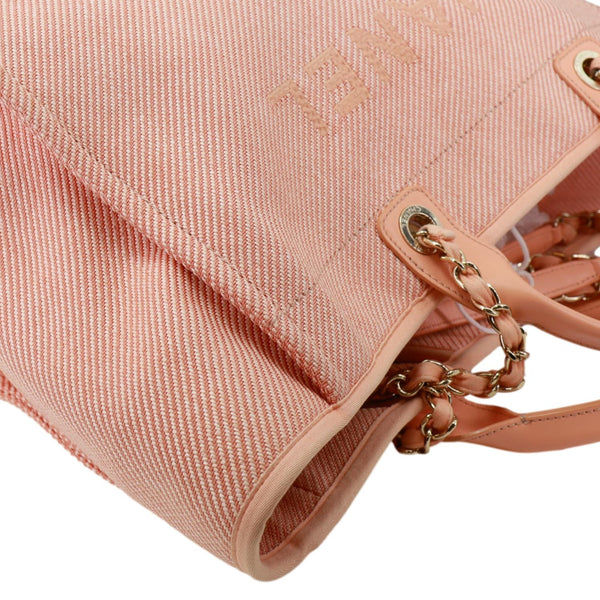 CHANEL Deauville Medium Mixed Fibers Canvas Calfskin Shopping Tote Bag Peach