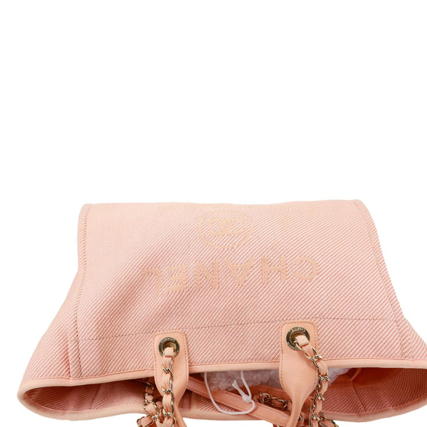CHANEL Deauville Medium Mixed Fibers Canvas Calfskin Shopping Tote Bag Peach