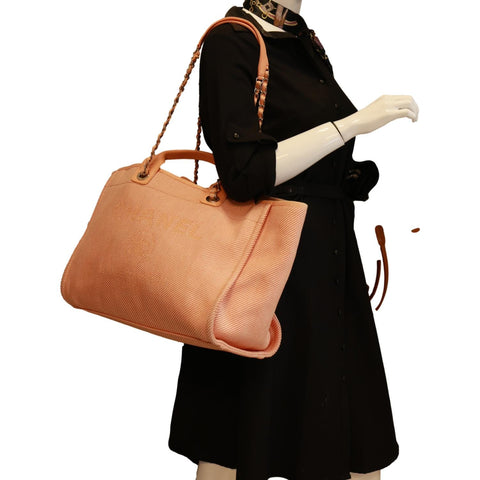 CHANEL Deauville Medium Mixed Fibers Canvas Calfskin Shopping Tote Bag Peach