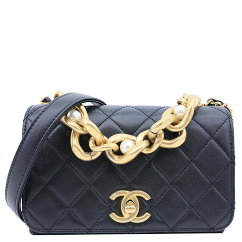 CHANEL Pearl Boy Flap Mini Quilted Calfskin Leather Chain Crossbody Bag Black