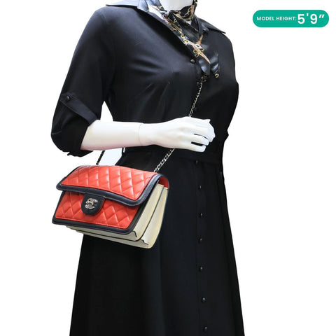 CHANEL Graphic Flap Quilted Lambskin Leather Shoulder Bag Red