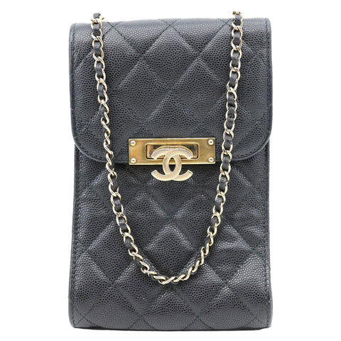 CHANEL Golden Class Quilted Caviar Leather Phone Holder Black