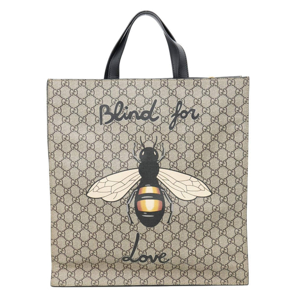 GUCCI Bee Blind For Love Print Soft GG Supreme Canvas Vertical Tote Bag Beige 450950