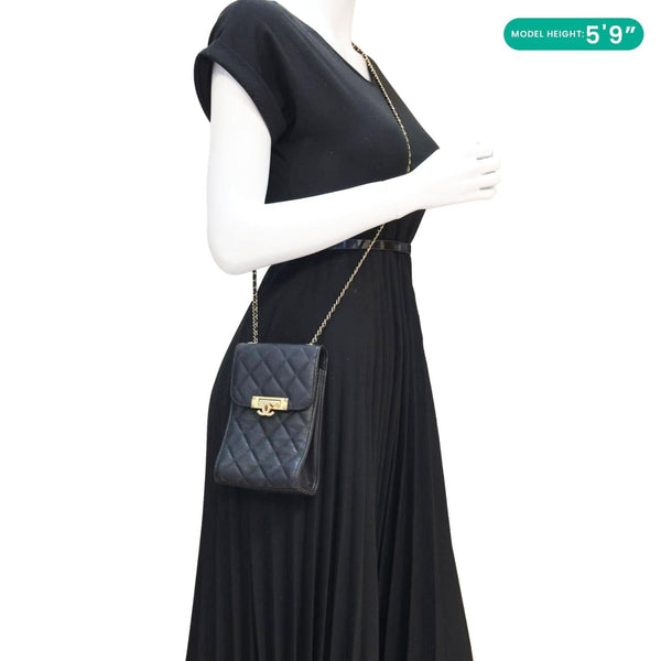 CHANEL Golden Class Quilted Caviar Leather Phone Holder Black