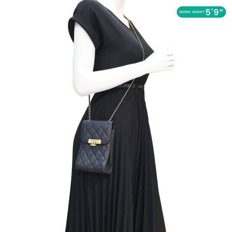 CHANEL Golden Class Quilted Caviar Leather Phone Holder Black