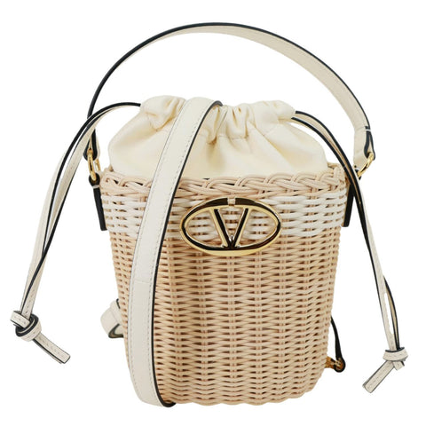 VALENTINO Garavani Vlogo Raffia Wicker Bucket Bag Beige