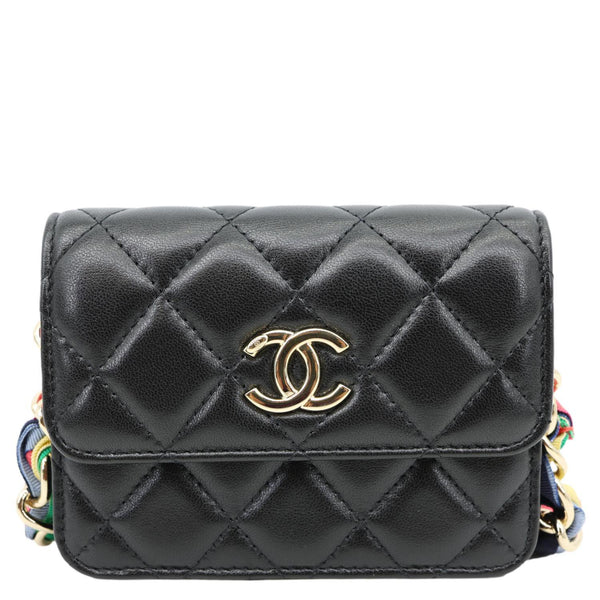 CHANEL Ribbon Flap Shiny Lambskin Quilted Leather Belt Bag Black