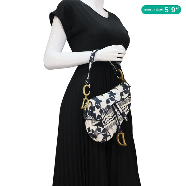 CHRISTIAN DIOR Saddle Embroidered Stars Canvas Hobo Bag White